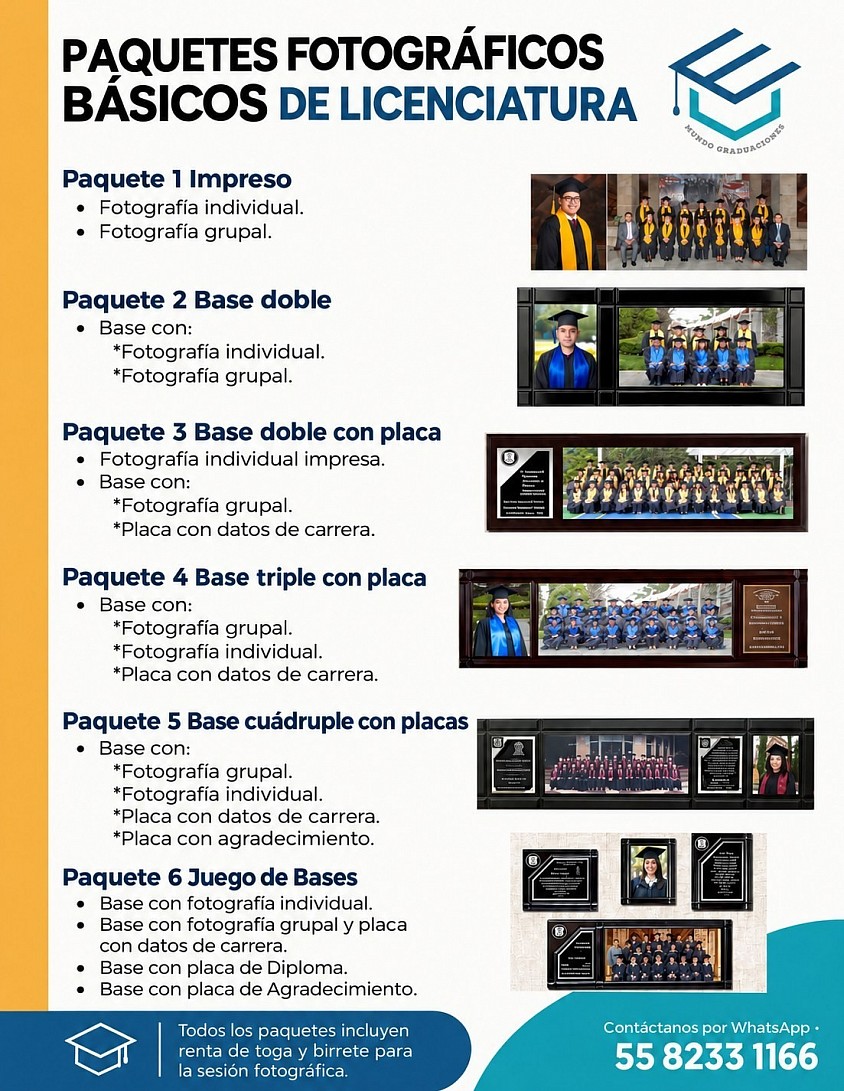 Paquetes fotográficos de Licenciatura: opciones impresas, bases de madera y placas con fotografías individual y grupal.