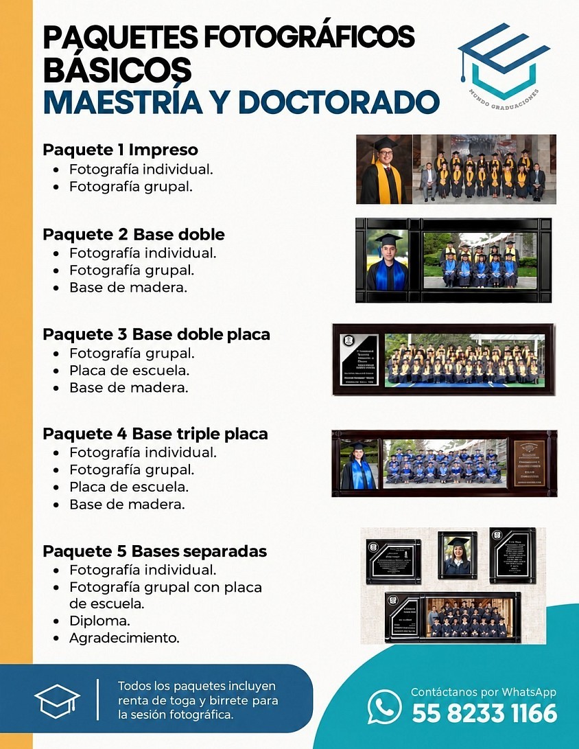 Paquetes fotográficos básicos de Maestría y Doctorado: opciones impresas, bases de madera, fotografías individuales y grupales.